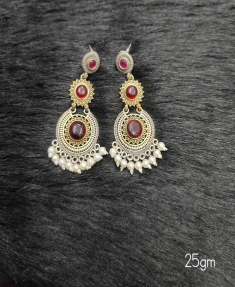 Brass Silver Oxidised Doul RED AREBELLA Earrings