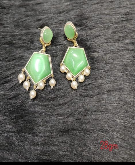 Brass Silver Oxidised Doul Monalisha Green Earrings