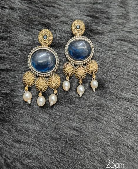 Brass Silver Oxidised Blue Floral Earrings