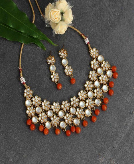 Orange Color Kundan Necklace Set