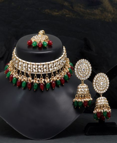 Maroon & Green Color Choker Kundan Necklace Set