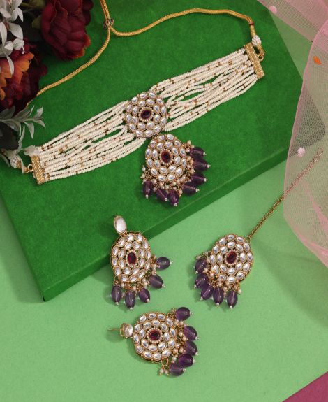 Light Purple Color Choker Kundan Necklace Set