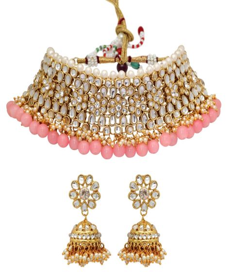 Peach Color Choker Kundan Necklace Set