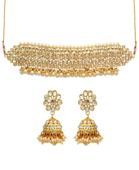 White Color Choker Kundan Necklace With Earring