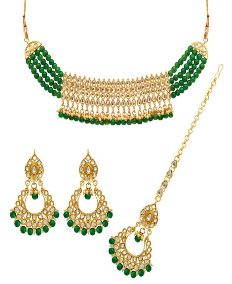 Green Color Kundan Choker Necklace Set