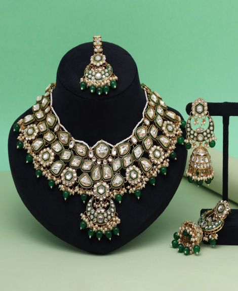 Green Color Meena Work Kundan Necklace Set