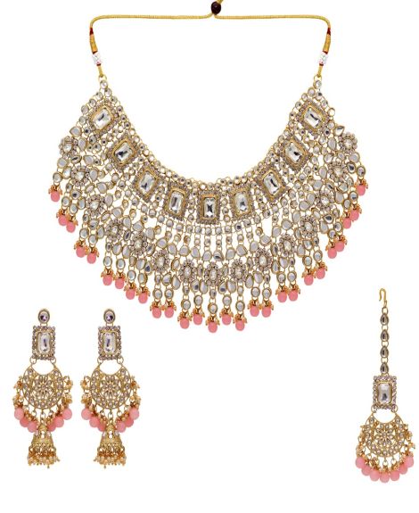 Peach Color Kundan Bridal Necklace With Earrings & Maang Tikka