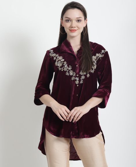 VELVET PLUM BEJEWELED SHIRT