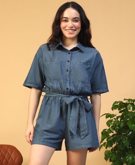 Women Navy Blue Collared Button Down Short Sleeve Elasticated With Tie-Up Wait Belt Cotton Denim Playsuit