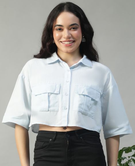 Women Solid Blue Collared With Button Fly Short Sleeve Cotton Linen Crop Shirt With Chest Pocket
