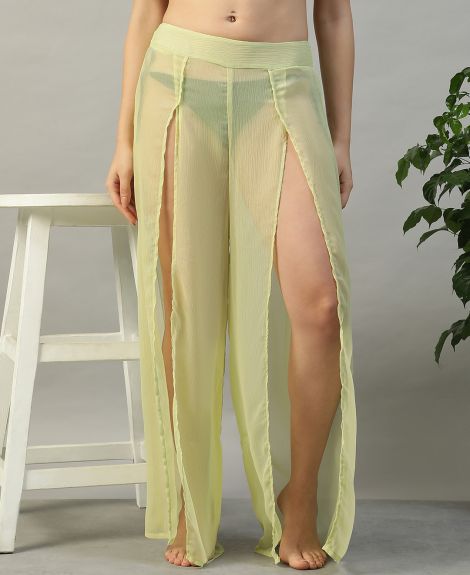 Women Solid Yellow Chiffon Beach Pants with Elastic Waist & Front Slit