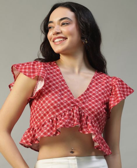 Women Red Check Print V-Neck Short Sleeve Crop Top with Ruffle Detail in Slub Fabric