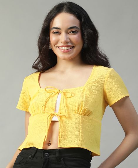 Women Solid Yellow Round Neck With Front Tie-Up Detail Short Sleeve Seersucker Dobby Top