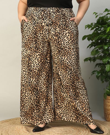 Women Plus Size Multicolor Animal Print Elasticated With Tie-Up Detail Flare Rayon Crepe Pant