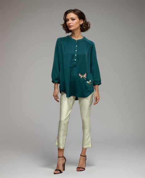 SOLID GREEN BEADED BUTTERFLY SHIRT
