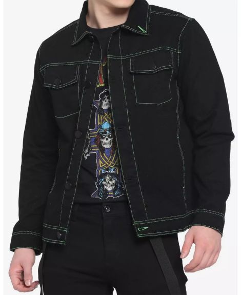 Neon Stitch Black Denim Jacket - Black & Neon Green