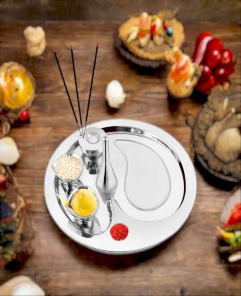 FnS Premium Stainless Steel Pooja Thali Set - 5 Pc Set (Silver) (Pooja Thali)