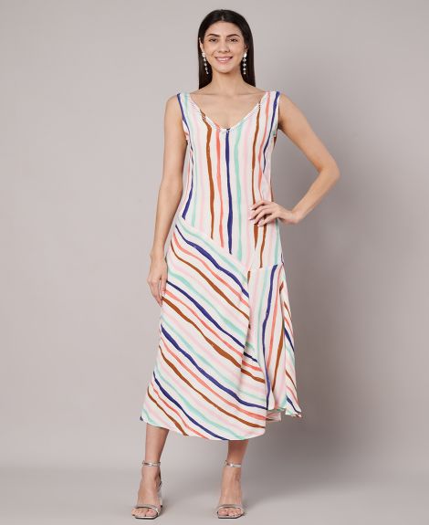 Striped A-line White Midi Dress