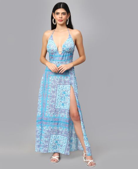 Women's Scarf Printed High Slit Blue Maxi Dress