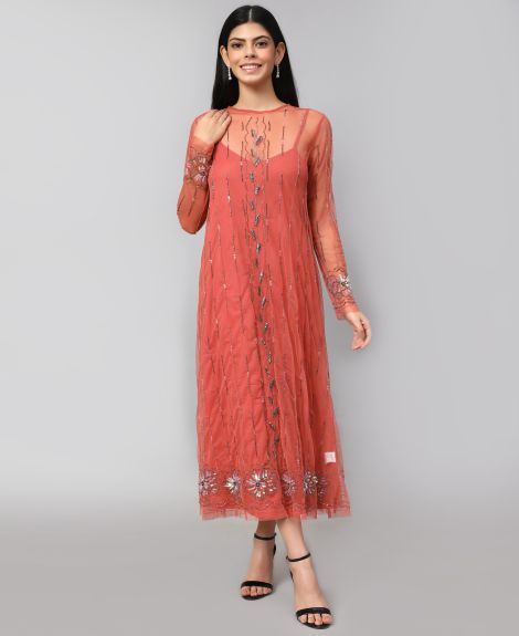 Floral Embellished A-Line Midi Dress