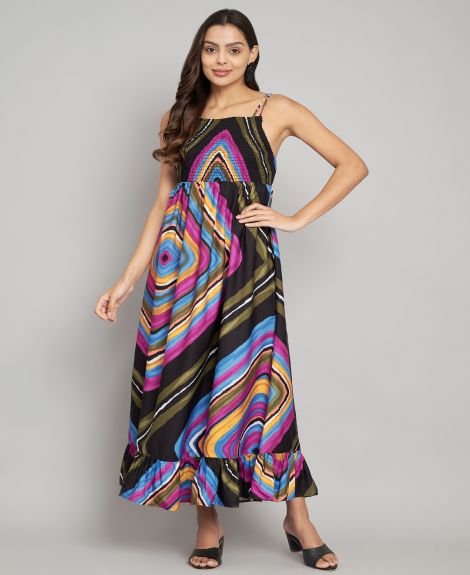 Shoulder Straps Multi Printed Maxi Dress