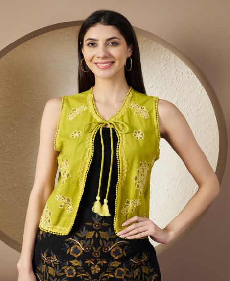 Women Mustard embroidered shrug with neck tie-up details