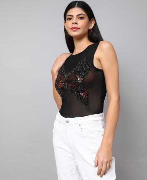 Black Butterfly Sequin Detailed Mesh Summer Top