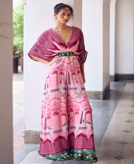 Limerick By Abirr N' Nanki Pink Georgette Embellished Jumpsuit