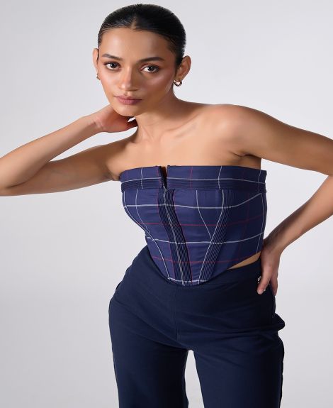 S&N by Shantnu Nikhil Navy Cotton Checkered Printed Corset Top