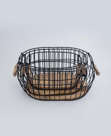IKIRU Natural Black Iron & Wooden Curvy Wired Basket Trays For Kitchen Storage Set of 3