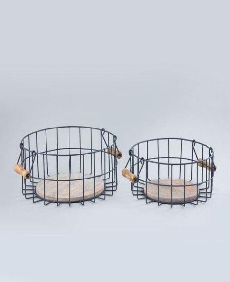 IKIRU Black Iron & Wood Round Baskets With Handle Set Of 2 For Kitchen Storage