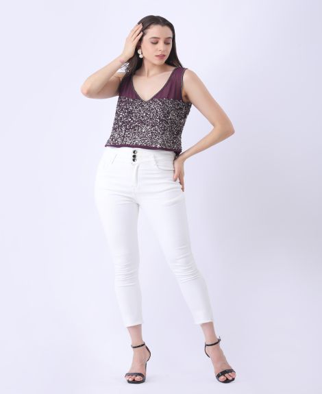 Wine Sequin V-Neck Party Top