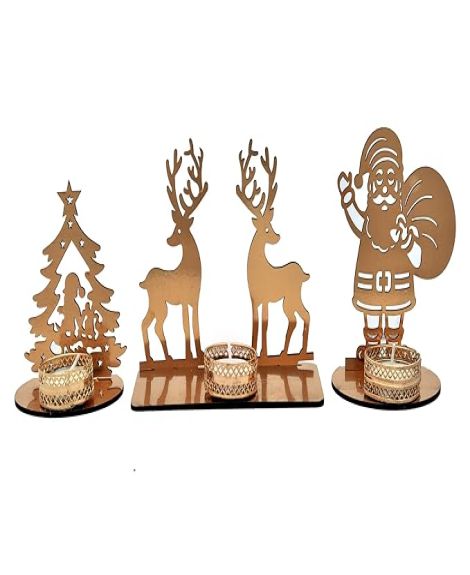 Pride Store Wooden, Paper, Metal, Candle Wax Shadow Tealight Candle Holder For Home Decor, Candle Diya, Christmas, Festival Decoration 3.5 Hour Burning Time Deer Tree Santa Tealight Candle Pack Of 4