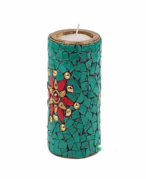 SEVLIYA TRADERS Wooden Stone Work Pillar Candle for Home Décor Set of 3 Handcrafted Diwali Diya Decorative Showpieces Reusable Tealight Candle Holder for Living Room Dining Area Gifts Item (GREEN)