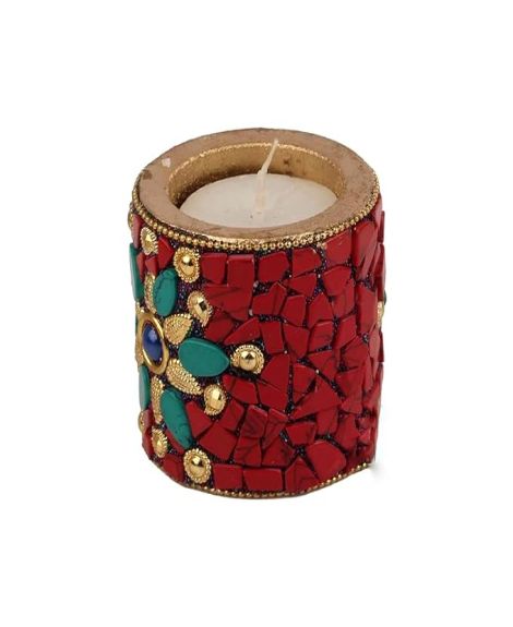 SEVLIYA TRADERS Wooden Stone Work Pillar Candle for Home Décor Set of 3 Handcrafted Diwali Diya Decorative Showpieces Reusable Tealight Candle Holder for Living Room Dining Area Gifts Item (RED)