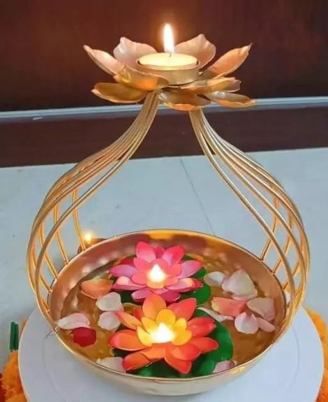 R.K EXPORTS Diya Shape Flower Decorative Urli Bowl/Handcrafted Bowl for Floating Flowers and Tea Light Candles Home,Office and Table Decor| Diwali Decoration Items for Home T-Light, Gold