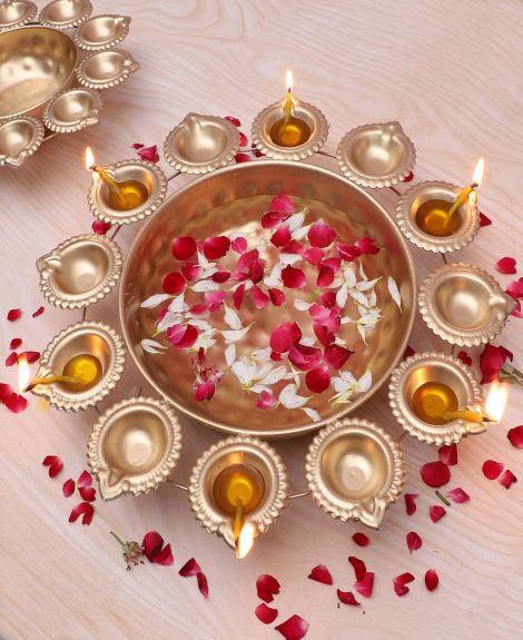 Two Moustaches Flower Design Decor Urli Bowl with 12 Diyas, Urli for Home Decor, Urli for Flower Decoration, Housewarming Gifts, Diwali Decoration Bowl, Golden, Pack of 1