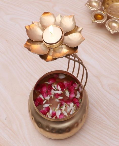 Two Moustaches 9 Inches Lotus Diya Over Urli Bowl Showpiece, Urli Bowl for Home Decor, Tealight Candle Holder for Diwali, Diwali Gift Items, Housewarming Gifts, Golden, Pack of 1