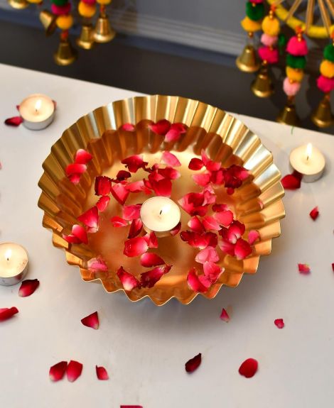 Craftvatika Iron Floral Bowl for Diwali Decoration Item for Home Decor - Flower Shaped Bowl for Pooja Room, Living Room, Diwali Festival Gifts