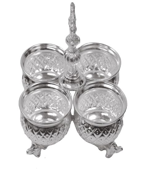 POSHIFY German Silver Kumkum-Haldi Holder - Four Attached Bowls and Handle, Sindoor-Turmeric, Pooja Room, Temple Decoration, Silverware, Puja Samagri, Diwali Gift, Wedding Gift