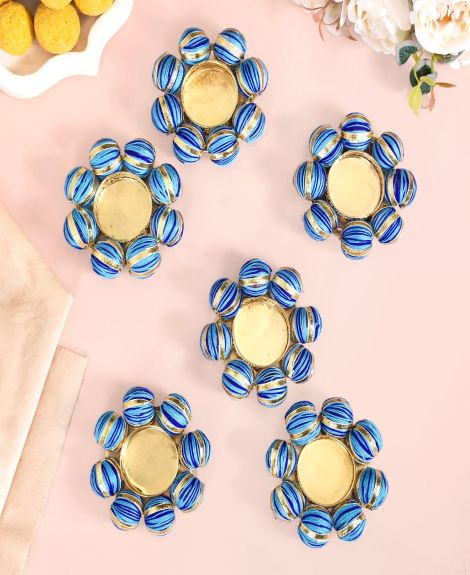 Nestasia Handmade Blue Beaded Metal Tea Light Candle Holders | Diya Rangoli for Diwali, Ganesh Laxmi Pooja, Home, Temple & Floor Decoration (Set of 6)