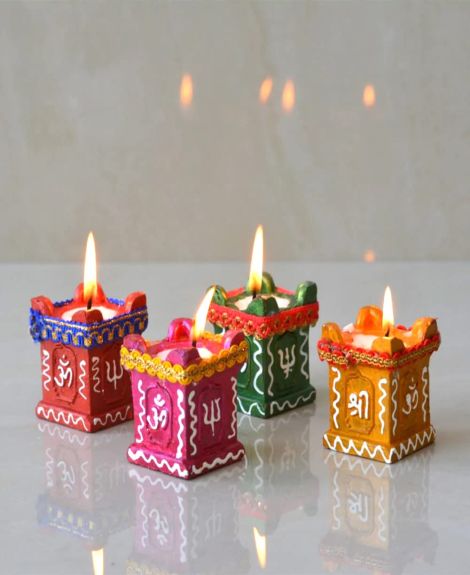 CraftVatika Clay Diya for Puja and Diwali Decoration - Terracotta Candles, Lights, Stand, Holder - Gifts for Family and Friends (Pack of 4)