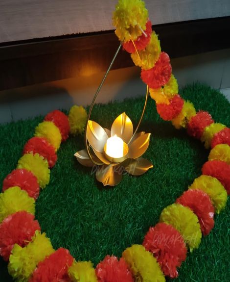 Divyakosh Hanging Brass Diya Set of 2, 60 Inch (5 FT), Tealight Holder, Lotus with Genda, Diwali Lights