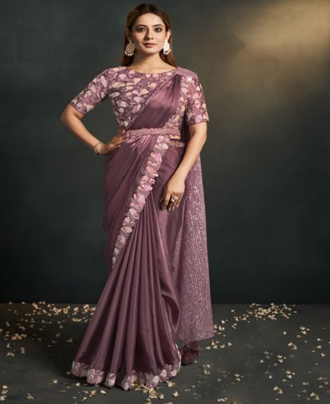 Dusty Pink Silk Satin Crepe Embroidered Ready to wear saree with stitched blouse
