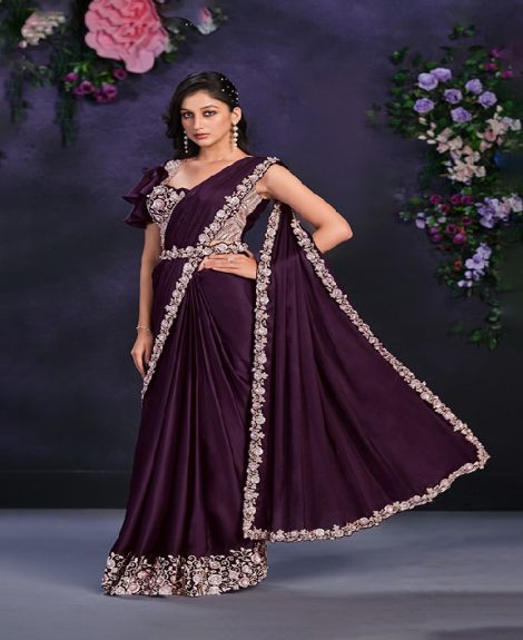 Purple Crape Satin Silk Embroidered Ready to Wear Saree with Stitched Blouse