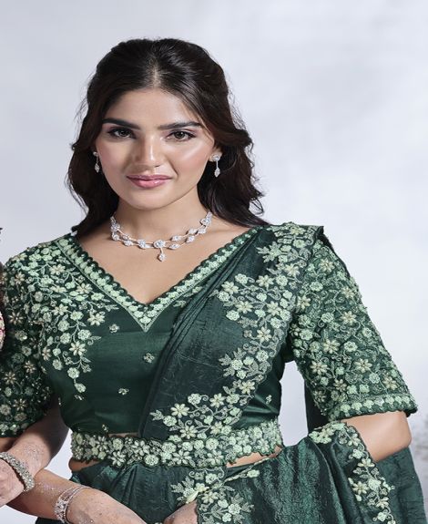 Green Two Tone Satin Silk Designer Ready to wear saree with Stitched Blouse.