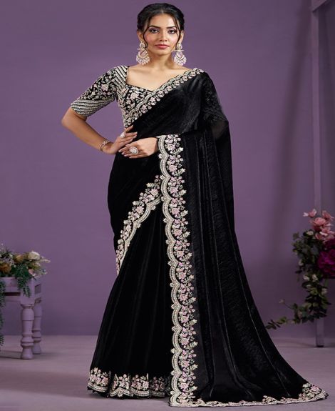 Black Two Tone Satin Silk Hand Work Designer Saree with Unstitched Blouse
