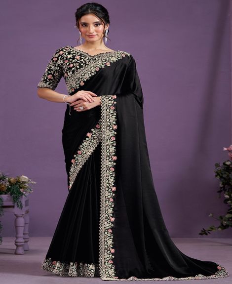 Black Satin Silk Moti Work Designer Saree with Unstitched Blouse