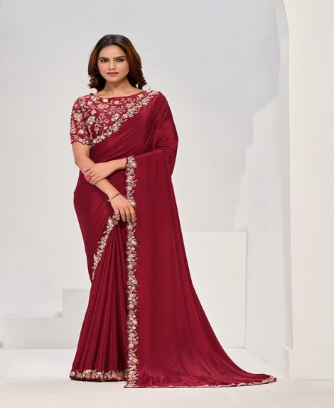 Maroon Pure Crepe Georgette Sequence Saree with Unstitched Blouse