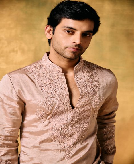 Blush Bloom Pink Tissue Kurta Set for Men